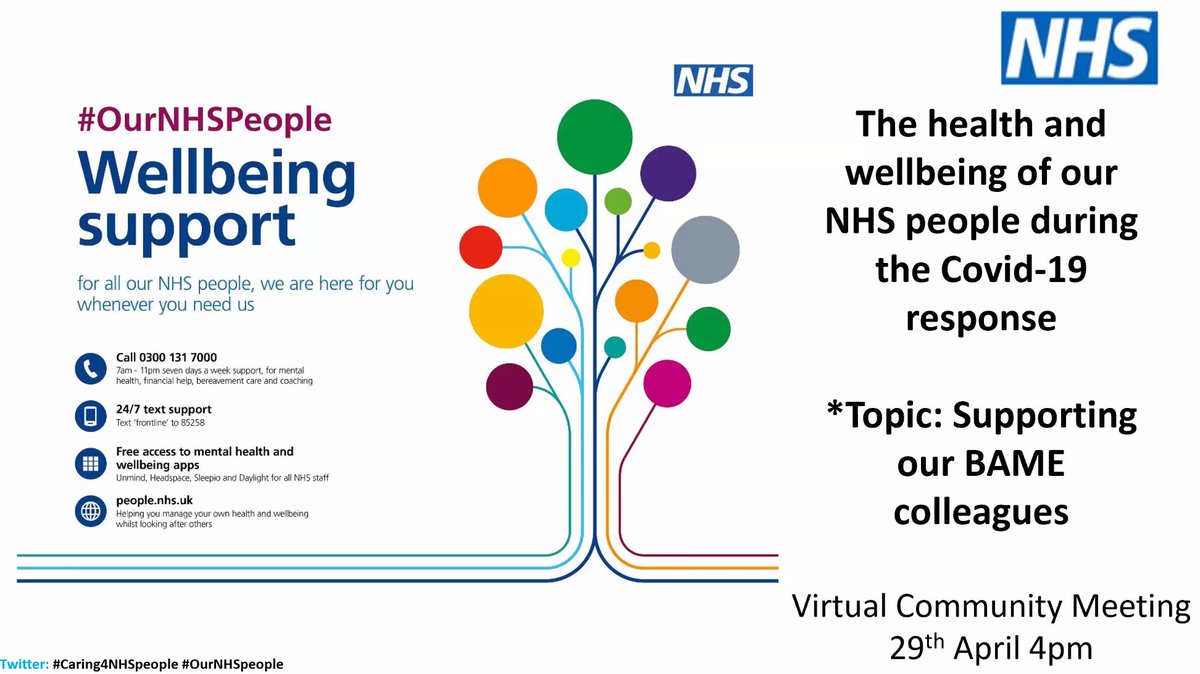 We're starting this week's virtual wellbeing session - we're going to be talking about the health &amp; wellbeing of our BAME colleagues during and beyond the #Covid-19 response. 

You're welcome to join us horizonsnhs.com/caring4nhspeop…

Or you can follow the thread ⬇️