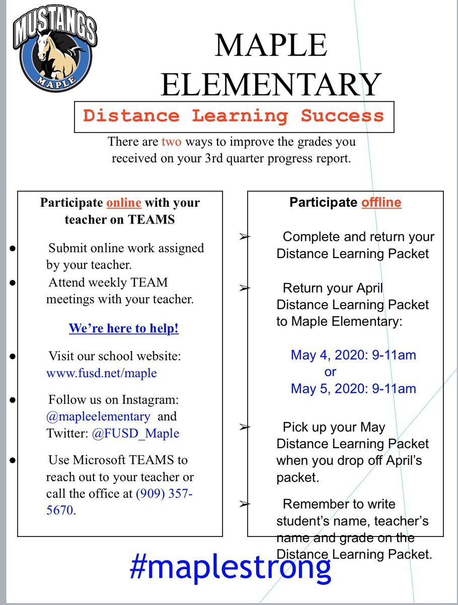 FUSD_Maple's tweet image. Hello Maple families!  Here is information on how to drop off and pick up packets for those that do not have access to technology. #maplestrong