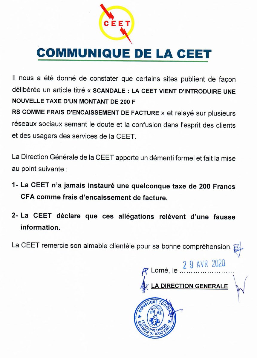 #Urgent. #Communiqué. "La #CEET n'a jamais instauré une quelconque taxe de 200 FCFA comme frais d'encaissement de facture". #CEET #Energie #Tginfo #TgTwittos