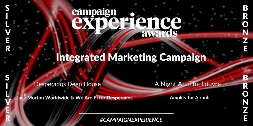 Campaign Experience Awards (@cxexperience) on Twitter photo Congratulations to the Silver award winner <a href="/jackmorton/">Jack Morton</a> and We Are Pi with <a href="/desperadosbeer/">Desperados</a> for ‘Desperados Deep House’ & our Bronze award winners <a href="/weareamplify/">We Are Amplify</a> with <a href="/Airbnb/">Airbnb</a> for ‘A Night At...The Louvre’ in the Integrated Marketing Campaign category #CampaignExperience Congratulations to the Silver award winner <a href="/jackmorton/">Jack Morton</a> and We Are Pi with <a href="/desperadosbeer/">Desperados</a> for ‘Desperados Deep House’ & our Bronze award winners <a href="/weareamplify/">We Are Amplify</a> with <a href="/Airbnb/">Airbnb</a> for ‘A Night At...The Louvre’ in the Integrated Marketing Campaign category #CampaignExperience