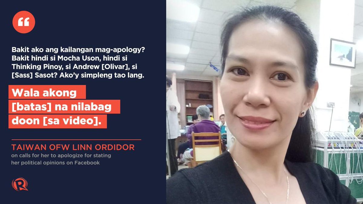 Taiwan OFW Linn Ordidor made headlines when DOLE pushed to have her deported for having criticized President Duterte, and again when Taiwan defended her right to free speech. Ordidor said she stood by the opinions she had stated publicly. RELATED: rappler.com/nation/259257-…