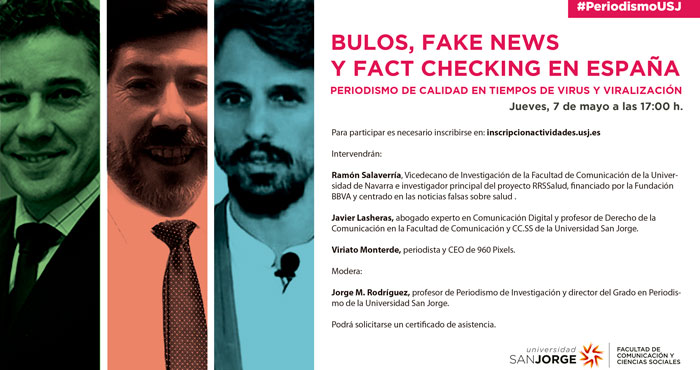 💻<a href="/FComCSusj/">Facultad de Comunicación y Ciencias Sociales</a> organiza una charla sobre 'Bulos, Fake News y Fact Checking en España' 👥 con la participación de <a href="/rsalaverria/">Ramón Salaverría</a> <a href="/Lasheras_Javier/">Javier Lasheras</a> y @vimonterde 

🗓️Jueves 7 de mayo
🕕17 horas

Inscripción abierta➡️ aparagon.org/otrasnoticias/…