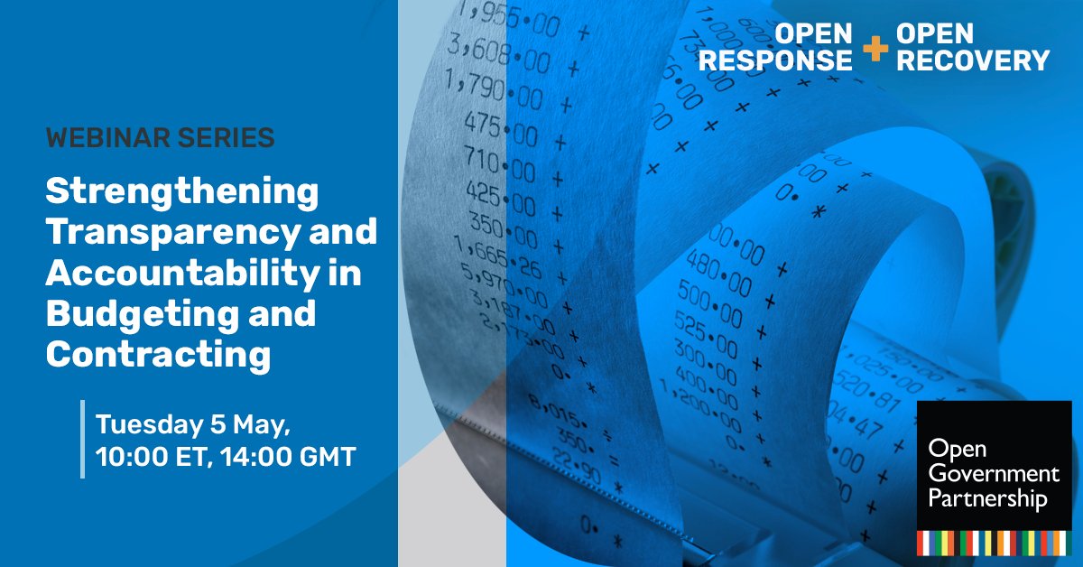 Join us on Tuesday, May 5 14:00 GMT for a virtual conversation on how to strengthen the transparency and accountability processes in budgeting and public procurement during the #COVID19 crisis while enabling a fast, efficient and #OpenResponse.

Register: bit.ly/3f3lgRe