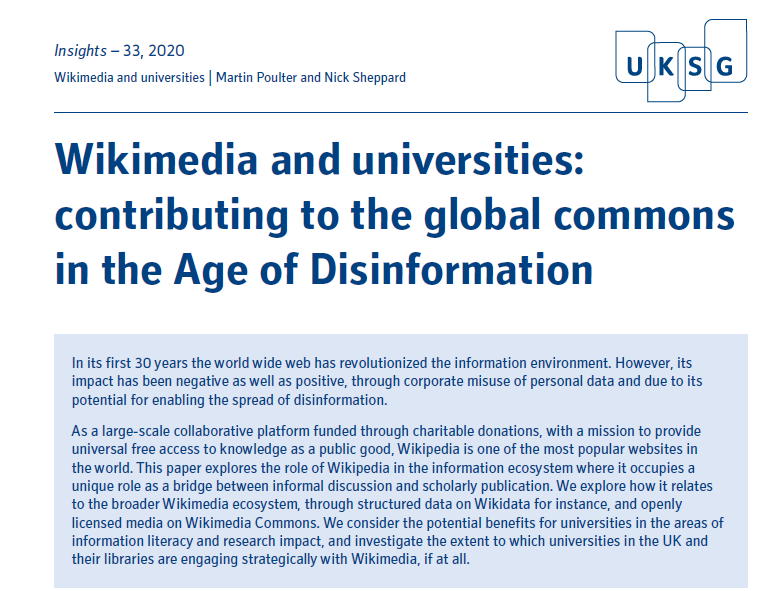 UKSG's tweet photo. The latest from #UKSGInsights - @mlpoulter from @BristolUni and @mrnick from @UniversityLeeds on the role of Wikimedia in the information ecosystem https://t.co/QpkQYhelHI https://t.co/aT2pxOcNoC