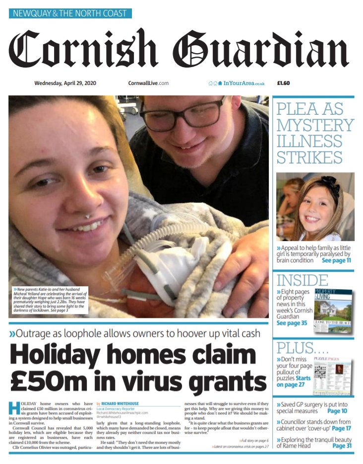 CornwallLive's tweet photo. In your @CornishGuardian this week!
- Holiday homes claim £50m in virus grants
- Mystery illness strikes little girl
- 8 pages of property
- 4-page puzzles pull-out
#CornwallTogether #buyapaper https://t.co/OLa7aER6Sx