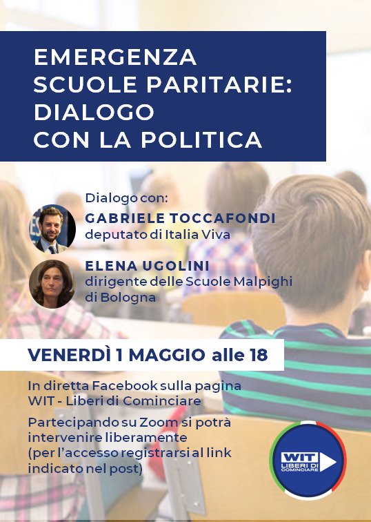Nessuno parla di #scuola, figurarsi se paritarie. Allora lo facciamo noi.

Piegate da #COVID2019, continuano la loro missione e chiedono sostegno. 

Ne parliamo - liberamente, come sempre - con <a href="/GToccafondi/">Gabriele Toccafondi</a> (dep.) e Ugolini (Preside).

Iscriviti qui: bit.ly/2W80gAf