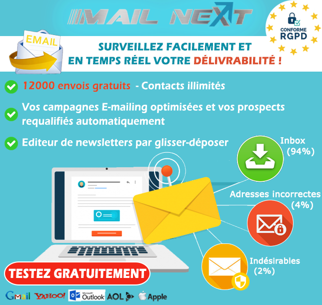 🔥 COMPTE GRATUIT POUR VOTRE PROSPECTION :
--&gt; mail-next.net
-12000 envois offerts
-Statistiques avancées des ouvertures et des clics
-Délivrabilité optimale sur Gmail, Outlook etc..
-Personnalisation et Marketing Automation
-Éditeur glisser-déposer
#email #webmarketing
