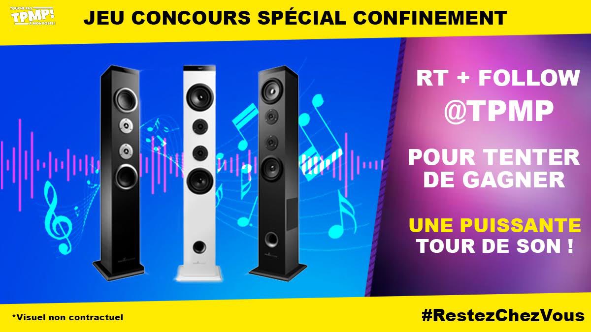 #CeSoirChezBaba on continue de vous régaler avec notre #JeuConcours spécial #confinement ! Un cadeau à gagner tous les jours! ➡️ RT + FOLLOW @TPMP pour tenter de gagner une puissante tour de son ! #TPMP Tirage au sort le 29/04/2020 en fin d'émission. Bonne chance à tous!🍀
