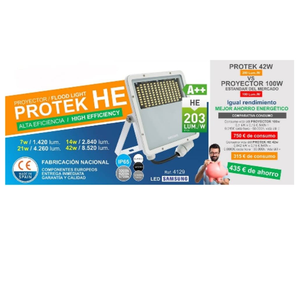 Nou PROTEK HE - Projector de alta eficiència. A++ 203 Lumen Watt. 
Molt baix consum. 
Fabricació 100% nacional. 
Entrega immediata. 
Més info:652 20 55 69
#mgrepresentacions #iluminacion #instaladores #distribuidores #hosteleria #hoteles #campings #profesionales #industria #leds