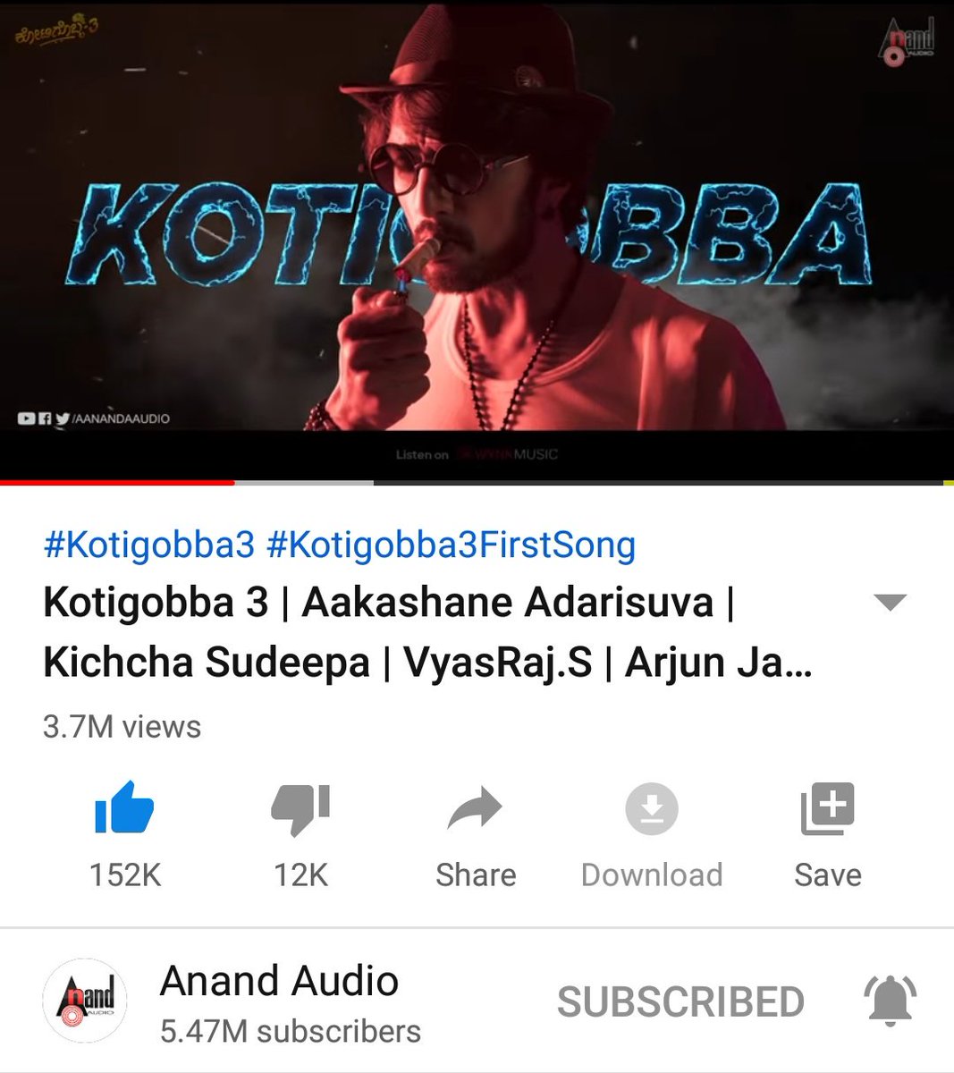 LikhithR22's tweet photo. K3 First Single Completed, 3.7 Million Views and 152k Likes... 👌👏 #Kotigobba3 #K3FirstSong https://t.co/JLYWd0DUcI