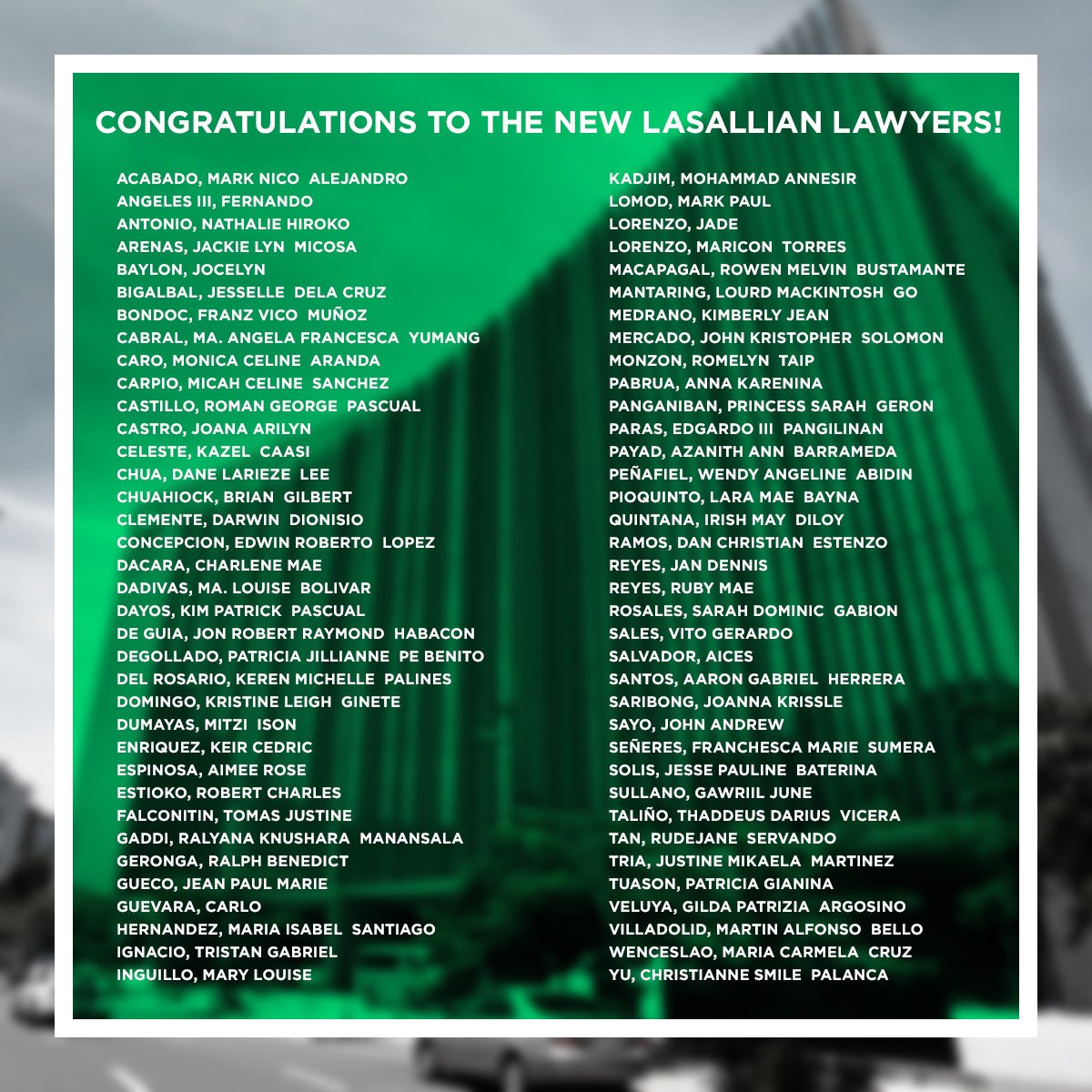DLSUManila's tweet photo. Congratulations to the new Lasallian lawyers! Animo La Salle! https://t.co/uVJR9EADw6
