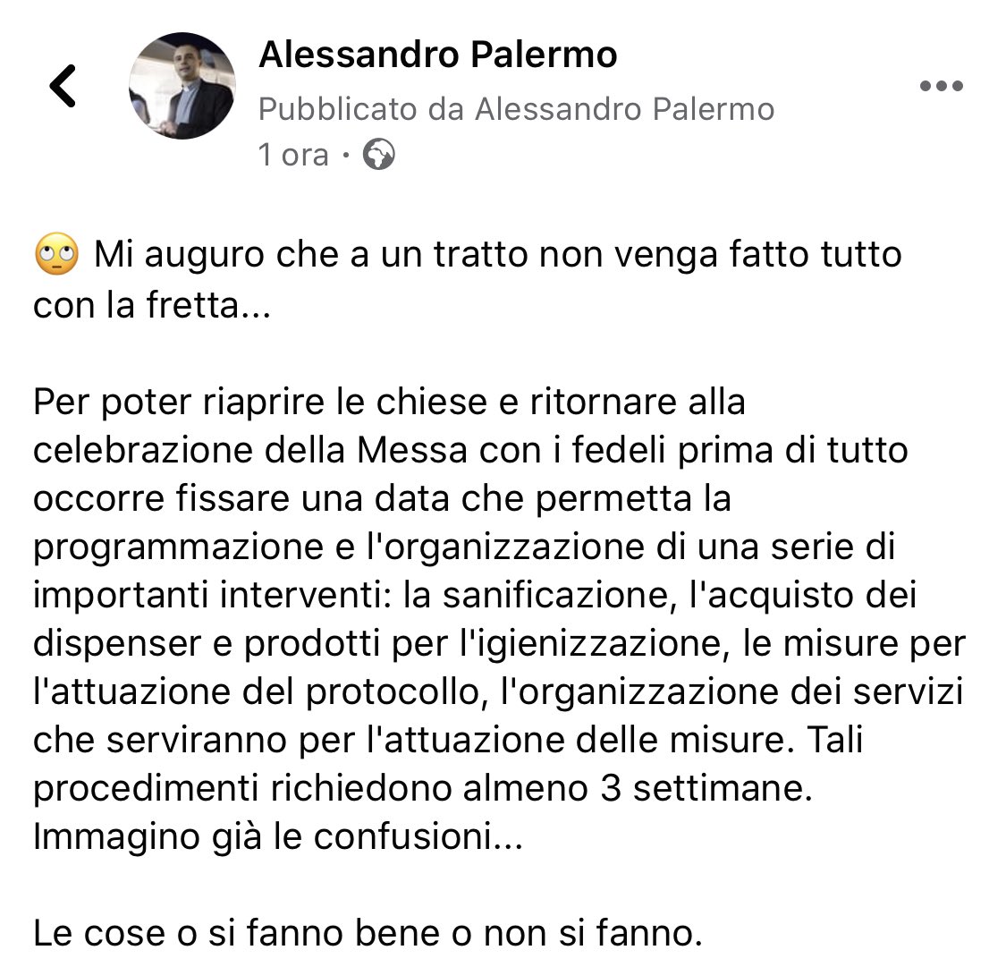 amandil5's tweet photo. 🙄 Mi auguro che a un tratto non venga fatto tutto con la fretta... Per poter riaprire le chiese e ritornare alla celebrazione della Messa con i fedeli prima di tutto occorre fissare una data. @UCSCEI @AGisotti @vatican_es @agensir https://t.co/CEDS9c6o6g