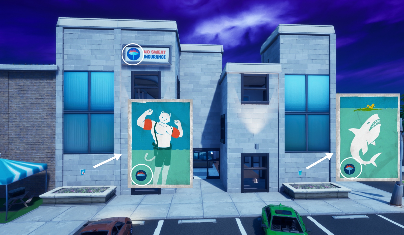 Forttory Fortnite Leaks News على تويتر On The No Sweat Insurance Building At Lazy Lake Are The Three Teasers For A Part Visible On The Walls The 3rd Teaser Is