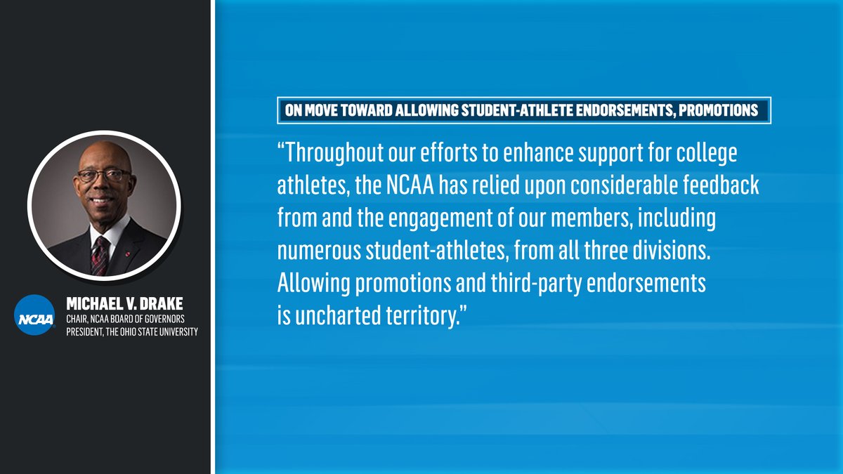 NCAA's tweet image. Board of Governors moves toward allowing student-athlete compensation for endorsements and promotions: on.ncaa.com/bog_429