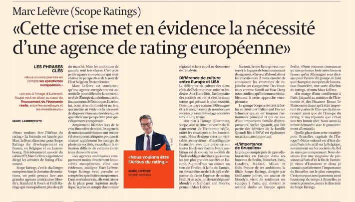 MarcLefevreEY's tweet photo. Notre ambition chez @ScopeGroup_ est forte! La souveraineté du financement en Europe est en jeu.
Retrouvez mon interview dans @lecho 
#creditrating #ESG #Thescopeperspective #financing https://t.co/8vFEFrU0i9