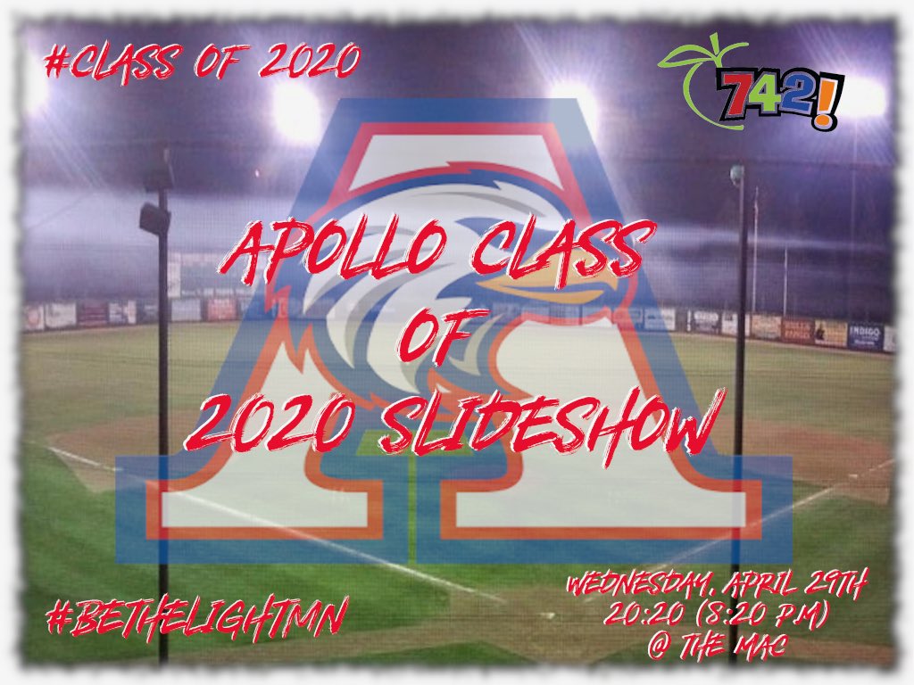 ApolloPrincipal's tweet photo. BeTheLightMN will take place at the MAC Wednesday night from 8:20p-8:40p.  A celebration slideshow of the Apollo Senior Class has been created and will be displayed on the digital board.  Please stay in your cars to practice social distancing.

@MSHSLjohn @sctimeszach @ISD742 https://t.co/t6X28maNuV