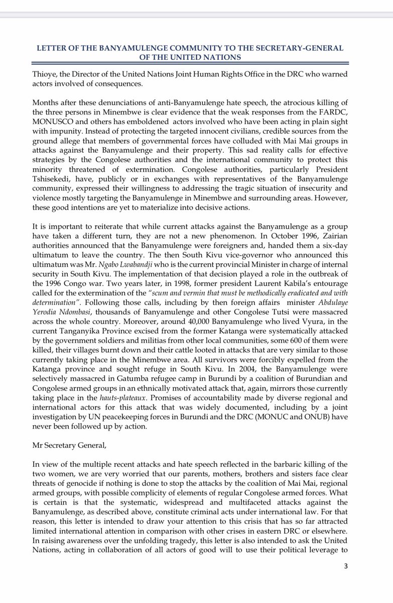 JRuhosha's tweet photo. I am sharing a letter that the global Banyamulenge community have written to United Nations Secretary-General. The letter which succinctly tackles the problem faced by the Banyamulenge has also been copied to some African leaders, the African Union, European Union . https://t.co/q7Dp0qh4u2