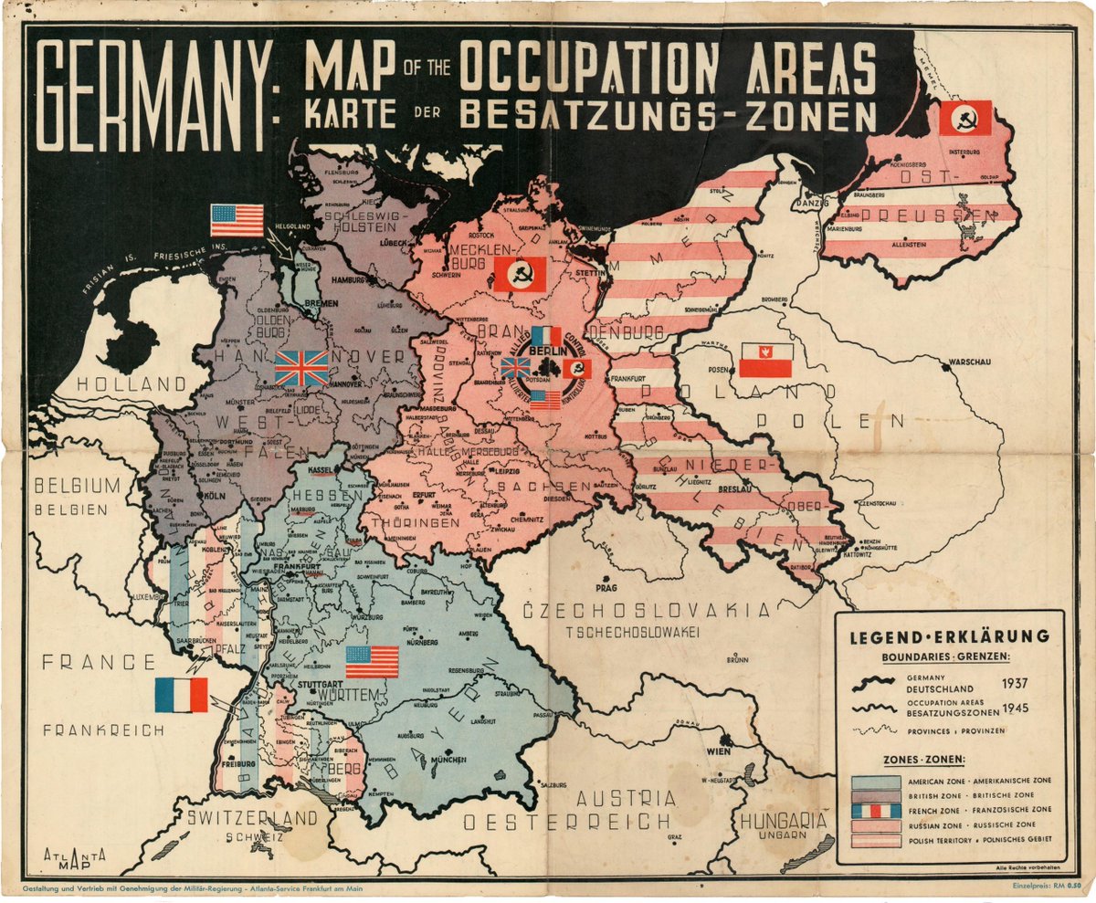 bostonraremaps's tweet photo. An evocative map depicting the occupation zones in Germany at the end of the Second World War, featuring the flags of the occupying powers and printed on necessity paper. #mapporn #mapsareweapons #wwII #germany #coldwar #map #maps #oldmap #oldmaps #rarema https://t.co/PyGcBI1shA https://t.co/SObKStsCF2