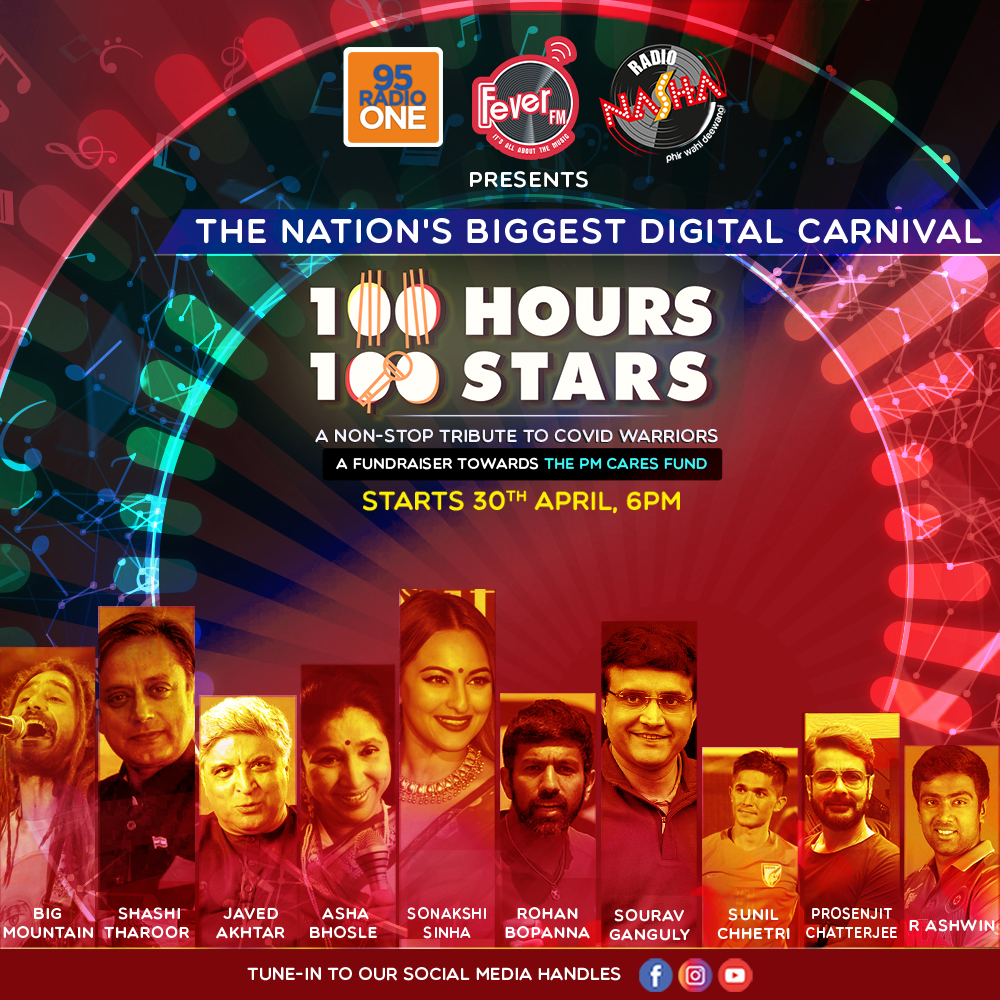 FeverFMOfficial's tweet photo. The wait comes to an end! Fever Network presents #100Hours100Stars starting from 30th April, 6 PM onward. The BIGGEST Digital Carnival pays non-stop tribute for 100 hours to COVID warriors, with the most prolific names from the world of movies, politics, sports and more. #PMCARES https://t.co/qynOzTyRZh