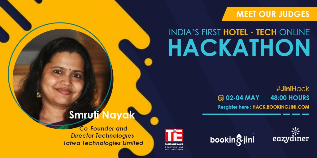 bookingjini's tweet photo. #HackathonUpdate
Our #JINIHACK Hackathon 2020 jury is Smruti Nayak Co-Founder & Director at @TatwaTech
#JINIHACK #Hackathon #Innovation #TATWATechnologies #Startups #bookingjini @TiEDelhi https://t.co/e4WkWnmPre