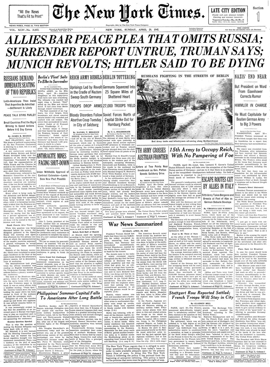 April 29, 1945: Allies Bar Peace Plea That Omits Russia; Surrender Report Untrue, Truman Says; Munich Revolts; Hitler Said to be Dying  https://nyti.ms/2VMBjLH 