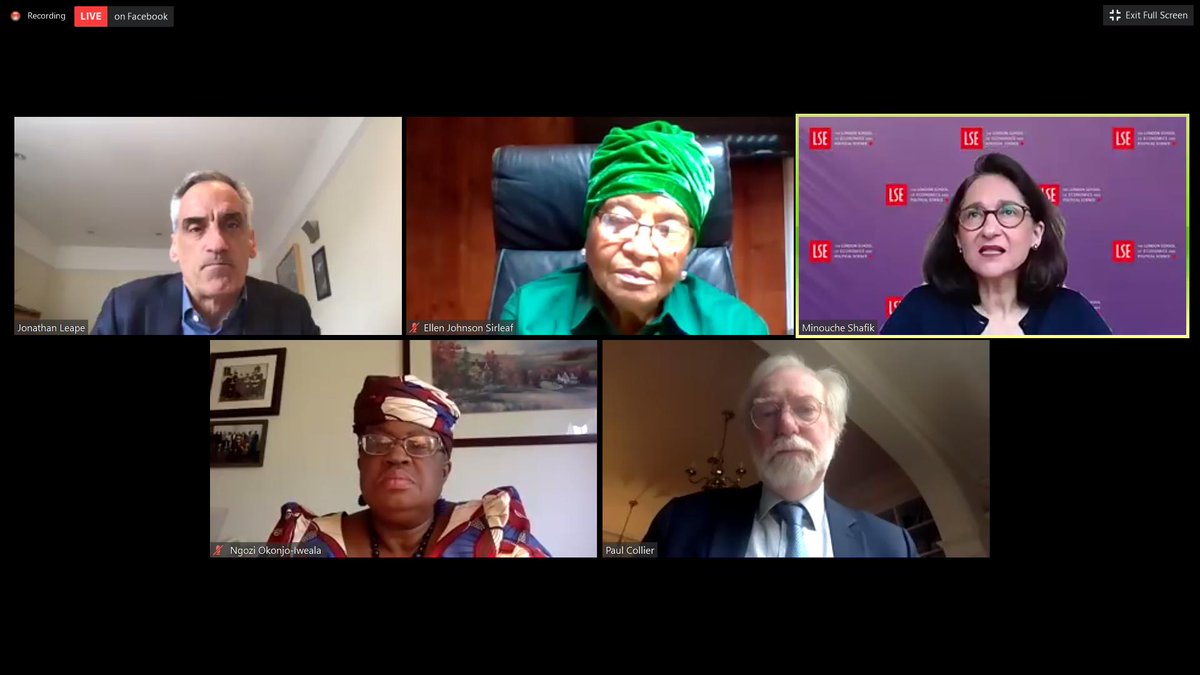 LSEpublicevents's tweet photo. Brilliant way to launch LSE's #LSECOVID19 event series today with @MaEllenSirleaf, @NOIweala, Paul Collier and LSE Director Minouche Shafik. Next events in the series are tomorrow. https://t.co/S4wcAhAjy1 https://t.co/ZmIuB6rqB3