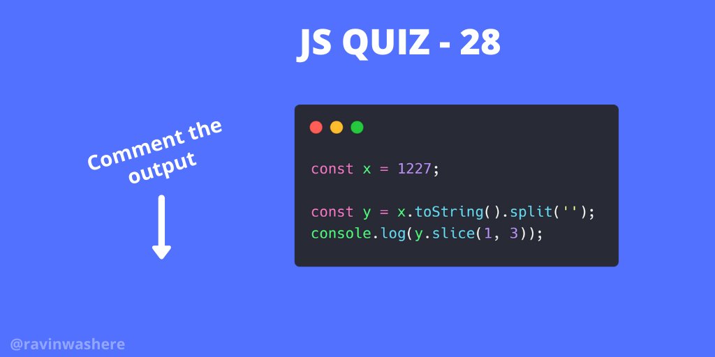 ravinwashere's tweet image. #javascript quiz 🏆

What&apos;s the output of the code?
A - 22
B - &quot;22&quot;
C - [ 2,  2 ]
D - [ &quot;2&quot;, &quot;2&quot; ]

Do you know the answer?

#100DaysOfCode #freeCodeCamp