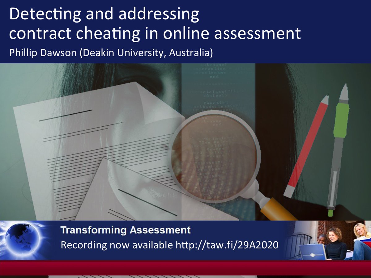 Webinar Recording: Detecting and addressing contract cheating in online assessment by <a href="/phillipdawson/">See me on LinkedIn - I've quit X (Phillip Dawson)</a> - View it taw.fi/29A2020 <a href="/ascilite/">ASCILITE</a> <a href="/TEQSAGov/">TEQSA</a> <a href="/EduMediaAU/">EduMediaAU</a> <a href="/uniaus/">Universities Australia</a> <a href="/NCVER/">NCVER</a> <a href="/auselearn/">E-learning Strategy</a> <a href="/NewsAtNESA/">NSW Edu Standards</a> <a href="/ACENau/">ACEN</a> <a href="/AuthAssmtMat/">authenticassessment</a>