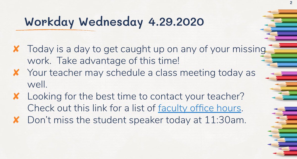 Morning #leydenpride!  Today is Workday Wednesday.  Take advantage of the time to catch up on any missing work.