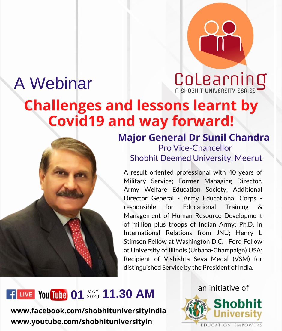 shobhituniv's tweet image. #CoLearning: A Webinar Series launched by @shobhituniv India to quench the thirst for interaction felt by learners around the world.

@kunwarsv @HRDMinistry @DrRPNishank @drdineshbjp @myogiadityanath @PMOIndia @ugc_india @AICTE_INDIA @ms_aicte @drmppoonia