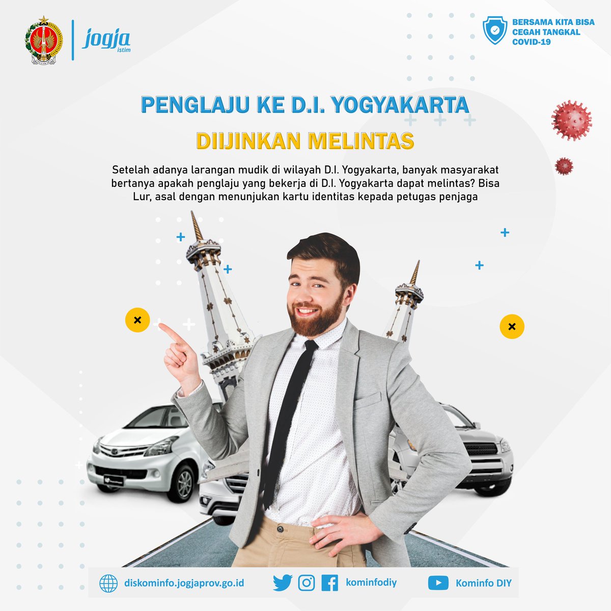 kominfodiy's tweet photo. #1 Malam Sedulur 😁

Kemarin ada yang bertanya apakah penglaju yang bekerja dari daerah lain menuju D.I.Yogyakarta dilarang atau diperbolehkan? Jawabanya boleh Lur, asal menunjukan kartu identitas diri dan juga surat ijin dari instansi tempat Sedulur bekerja nggih 😊 https://t.co/WULC4HxriY