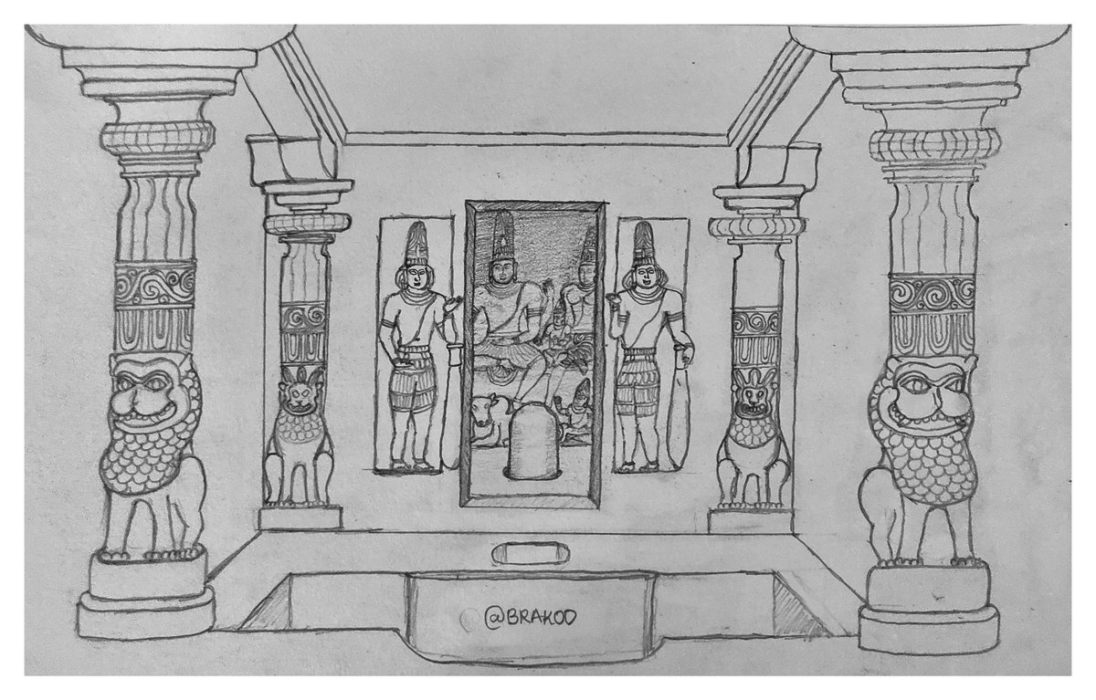 How does the inside of a typical Pallava style rock cut Śiva temple look like?Like so.Lion pillars and pilasters, two dvārapālakas, Liṅga with no āvuḍai or pīṭa, Sōmāskanda on the back wall of the Garbhagṛha.