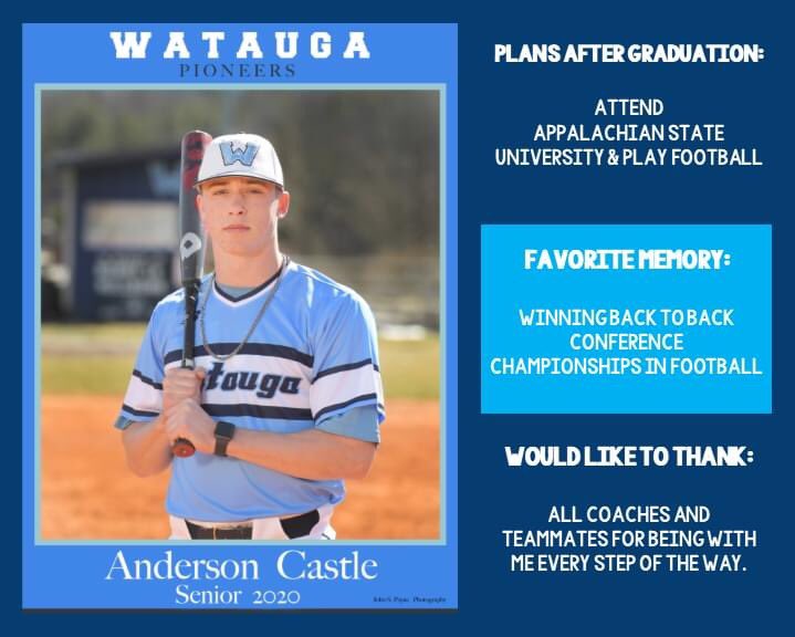 wataugaboosters's tweet photo. 🎓SENIOR SPOTLIGHT: ANDERSON CASTLE

⚾️We wish we could have watched you play your senior baseball season!! Can't wait to cheer you on at the collegiate level when you take the football field for App State!!

#onceaPioneeralwaysaPioneer
@AndersonCastle7 @BaseballWatauga https://t.co/5DWUrZJ8gw