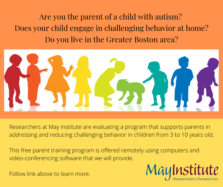 mayinstitute's tweet photo. We are offering a free research-based weekly parent training program, all remote via computer. Our research staff will meet with you online and teach you strategies for your child. Learn more: https://t.co/RwfsBGJMhP #autismparents #autismresearch #bostonautism #autismstudy https://t.co/b4LSqmR1O8