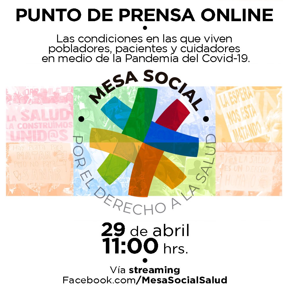 mesasocialsalud's tweet photo. Como MESA SOCIAL POR EL DERECHO A LA SALUD haremos punto de prensa online hoy para denunciar condiciones de existencia en que están viviendo pobladores, pacientes y cuidadores en medio de la Pandemia del Covid-19. Los invitamos a seguirnos hoy a las 11:00 AM por Facebook Live ✊🏽 https://t.co/FNpKOvNqj6