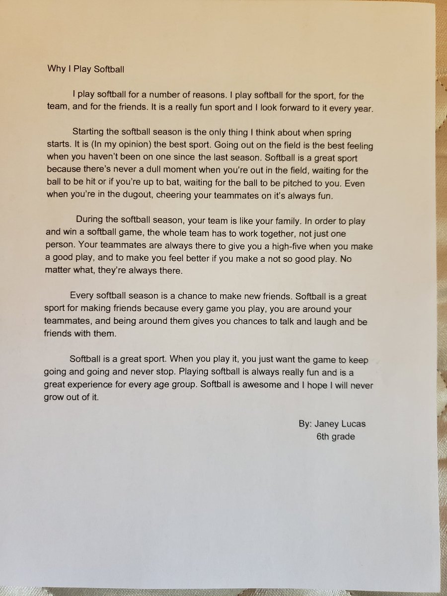 Day 11 why I play softball written by 6th grader Janey Lucas.
