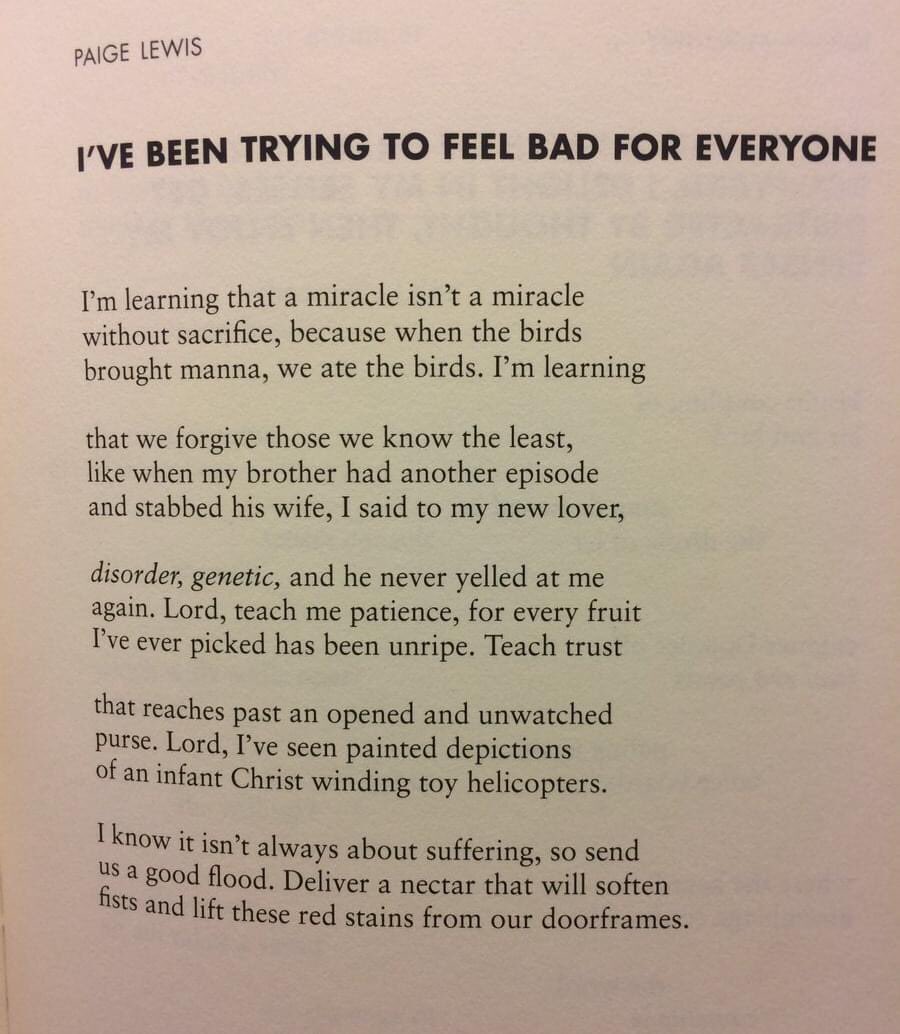 #nationalpoetrymonth
poem for April 29th
"I've Been Trying to Feel Bad for Everyone" by Paige Lewis
