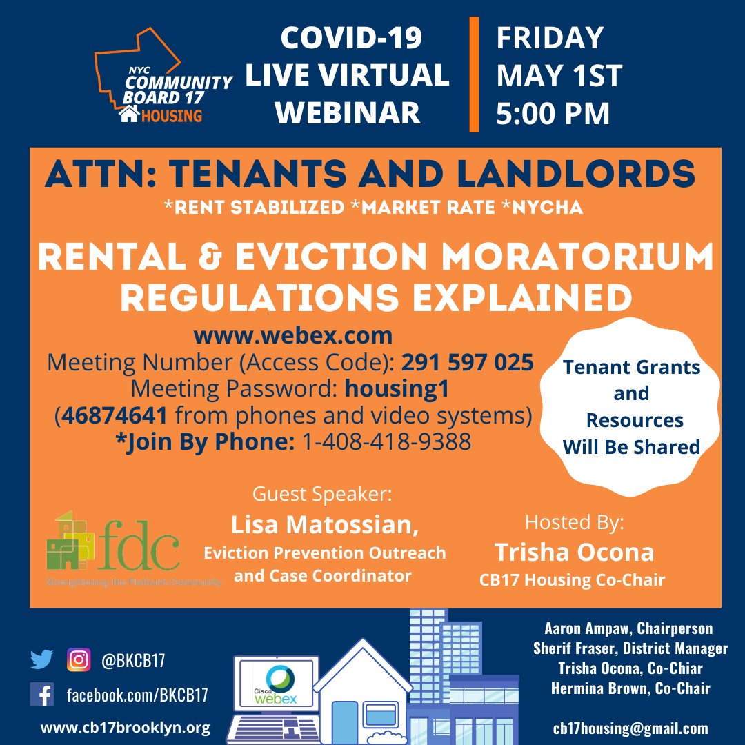 THIS FRIDAY, MAY 1st: Please Join CB17's Housing Committee and <a href="/FDConline/">Flatbush Development Corporation</a>'s Lisa Matossian on the Rental and Eviction Moratorium Regulations.

Meeting number: 291 597 025
Password: housing1 (46874641 from phones)
Link: ow.ly/Gybs50zrNSJ