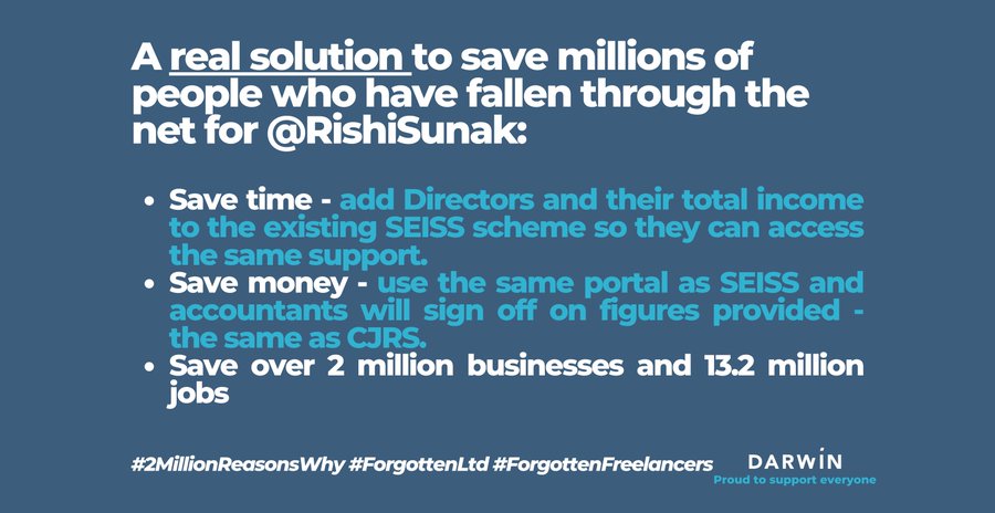 I am one of the 2 million who needs your support. 
<a href="/RishiSunak/">Rishi Sunak</a>
 we have a solution. It will save time, save money, save over 2 million businesses and protect 13.2 million jobs - see the image. *Please Share and RT* #2MillionReasonsWhy #ForgottenLtd #ForgottenFreelancers