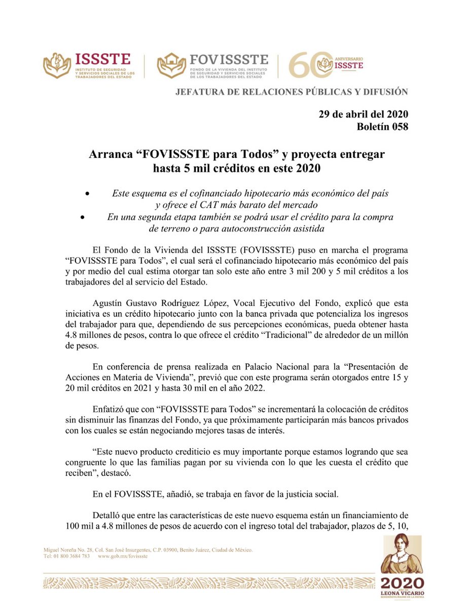 FOVISSSTEmx's tweet image. #BoletínFOVISSSTE 🗞
Arranca “FOVISSSTE para Todos” y proyecta entregar hasta 5 mil créditos en este 2020

•Este esquema es el cofinanciado hipotecario más económico del país y ofrece el CAT más barato del mercado.