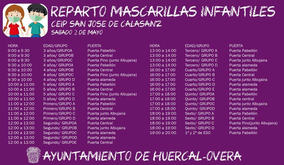 El sábado repartimos mascarillas infantiles para los niños y niñas de 3 a 14 años. La distribución se hará en función a los horarios y grupos establecidos 👇🏻#HuércalOvera #MascarillasInfantiles