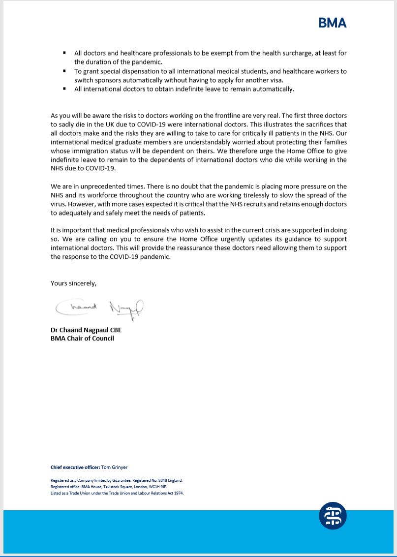 The Bma On Twitter Breaking Delighted That Following Our Letter Urging A Series Of Measures For International Healthcare Workers In The Nhs That Any Dependents Of Those Who Sadly Die On The