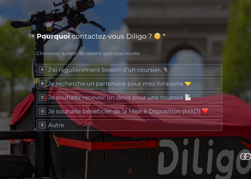 VOS LIVRAISONS À PARIS : DEVIS EN 2 MINUTES
diligo-solutions.com/devis-diligo/

#commerçants #artisans à #Paris obtenez votre devis pour un service de #livraison à vélo cargo !