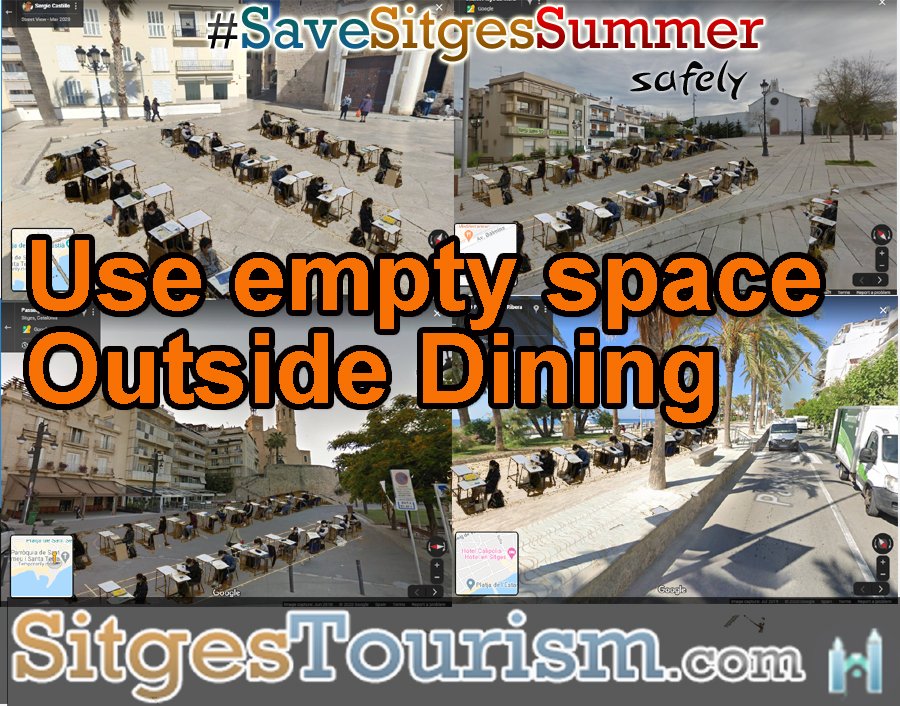 #SaveSitgesSummer Use empty space for social distancing
Utilitzeu un espai buit per al distanciament social
Usa el espacio vacío para el distanciamiento social IDEA: Replacing 'TopManta' if poss, with tables, gives diners a sea view!
 #sitges #sitges2020 #coronavirus #catalunya