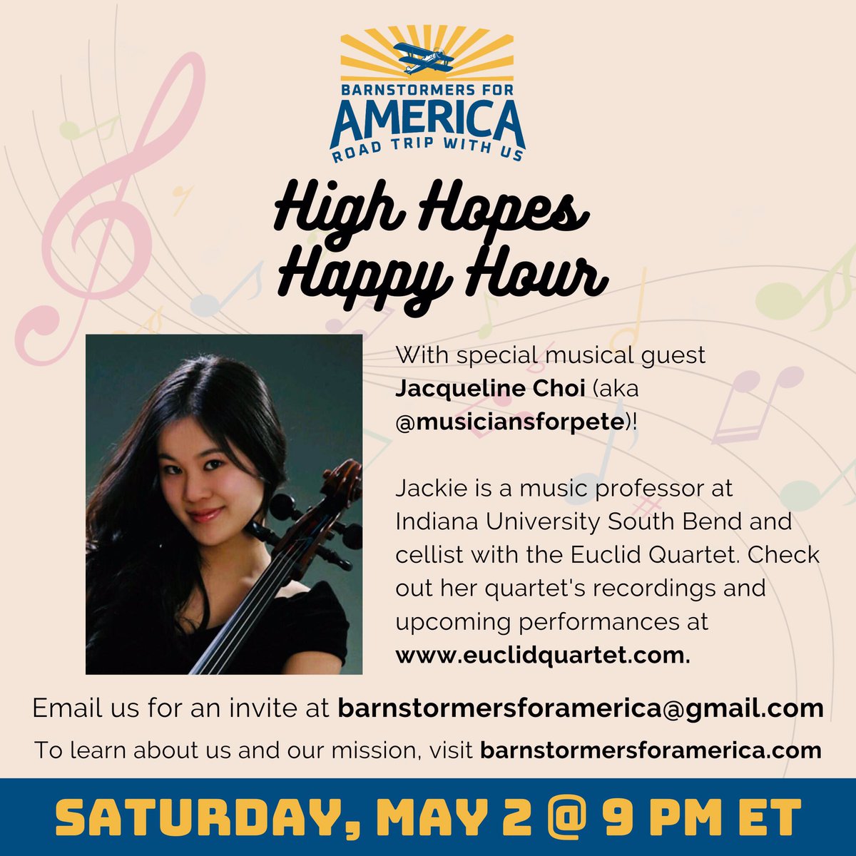 BarnstormersUSA's tweet image. This weekend, Jackie of @Musicians4Pete will be joining us for our High Hopes Happy Hour. We can’t wait to see you! 
Retweet this and mention a buddy to join you. 
#MusicForHope #COVID19 #BarnstormersUSA #TeamJoe