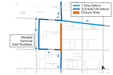 hsr's tweet photo. #HSRAlert: #HSR1 #HSR2 #HSR3 #HSR4 #HSR6 #HSR7 #HSR8 will be on detour TONIGHT (April 29) along James St between King and Main from 9 pm until 2:30 am due to utility work. Details: https://t.co/wDOQgCN4Lm https://t.co/DQYZ0XZAy1