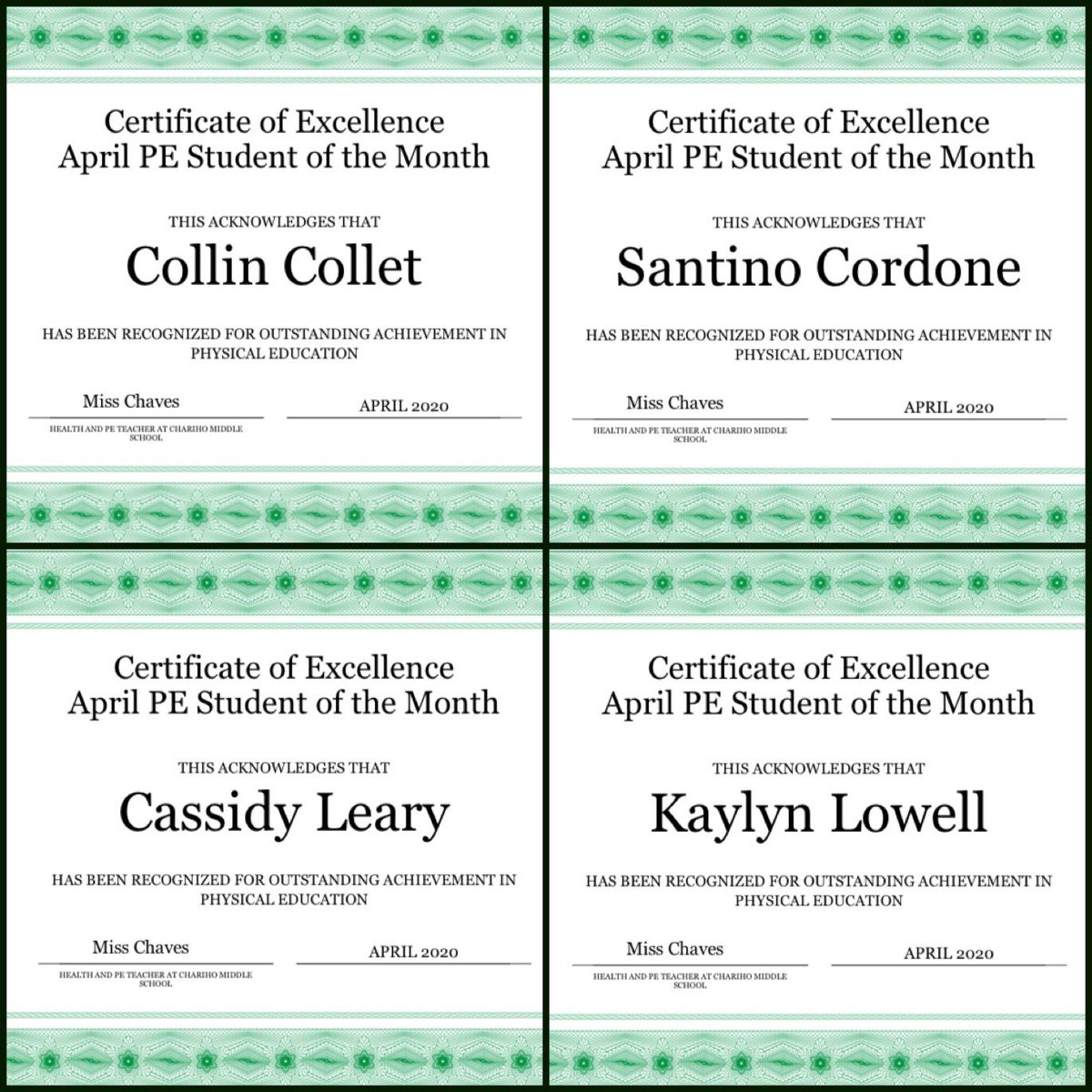 HpeCms's tweet photo. A HUGE shoutout to April’s PE/Health Student of the Month Selections! I wish we were in school to acknowledge them and celebrate their greatness #virtualstars #wemissyou #chariholearns @ZenionGreg @MrsFlorenz @CharihoRegional 🤩 https://t.co/BIXzaRxL6s