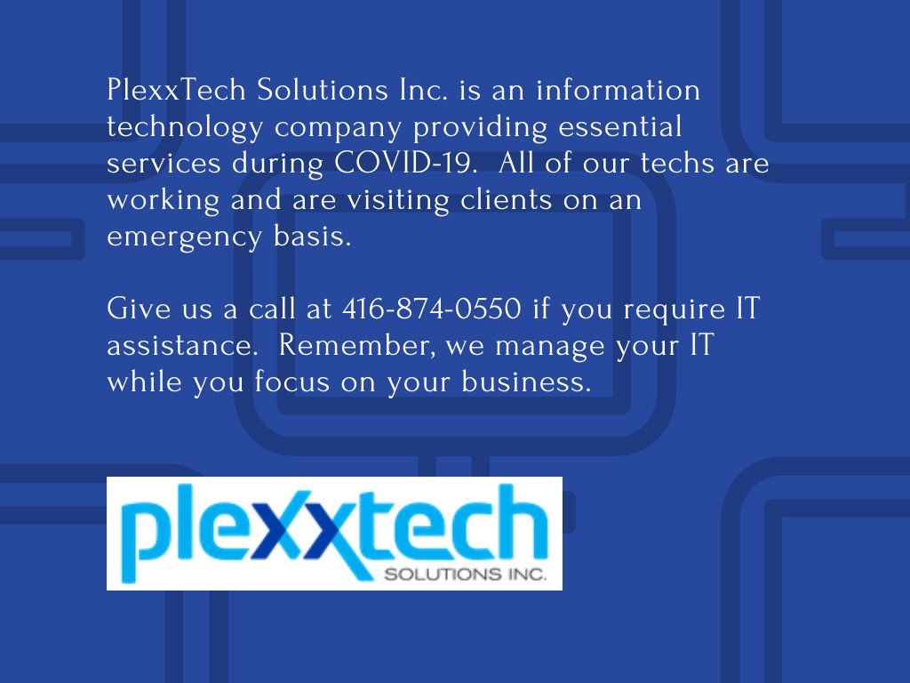 PlexxtechS's tweet photo. PlexxTech is an information #technology company providing essential services during #COVID19.  All of our techs are working and are visiting clients on an emergency basis. #ManagedServices #outsourcing #IT #tech https://t.co/vzhuFlvvIp