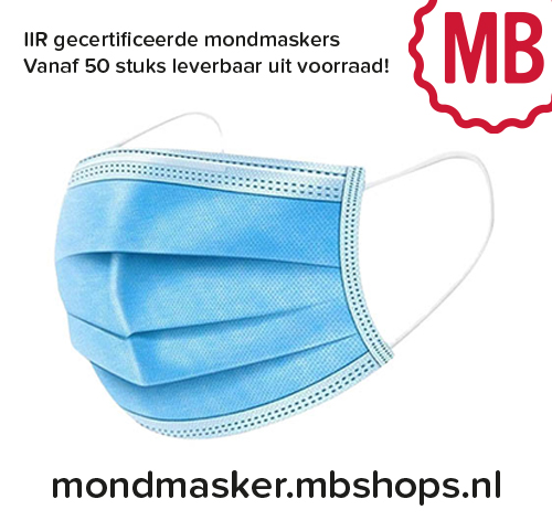 IIR gecertificeerde mondmaskers – kleine aantallen leverbaar uit voorraad!
Wij bieden via mondmasker.mbshops.nl de mogelijkheid  lage aantallen gecertificeerde mondmaskers te bestellen.

Vanaf 6 mei zijn onze disposable mondmaskers type IIR leverbaar binnen 2 werkdagen