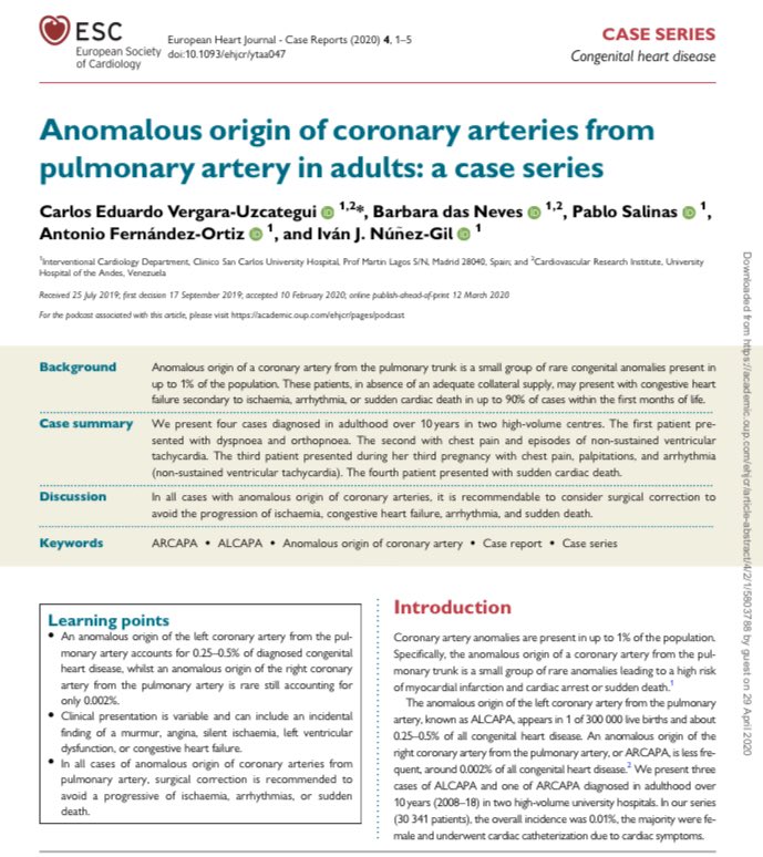 Origen anómalo de arterias coronarias a partir de la arteria pulmonar. Serie de casos. Libre acceso.

Anomalous coronary arteries from PA. A case series. Open access. 

👉doi.org/10.1093/ehjcr/…

#echofirst #yesCCT #imagencardiaca #coronariaanomala #CpedSISIAC <a href="/SISIACOficial/">SISIAC</a>